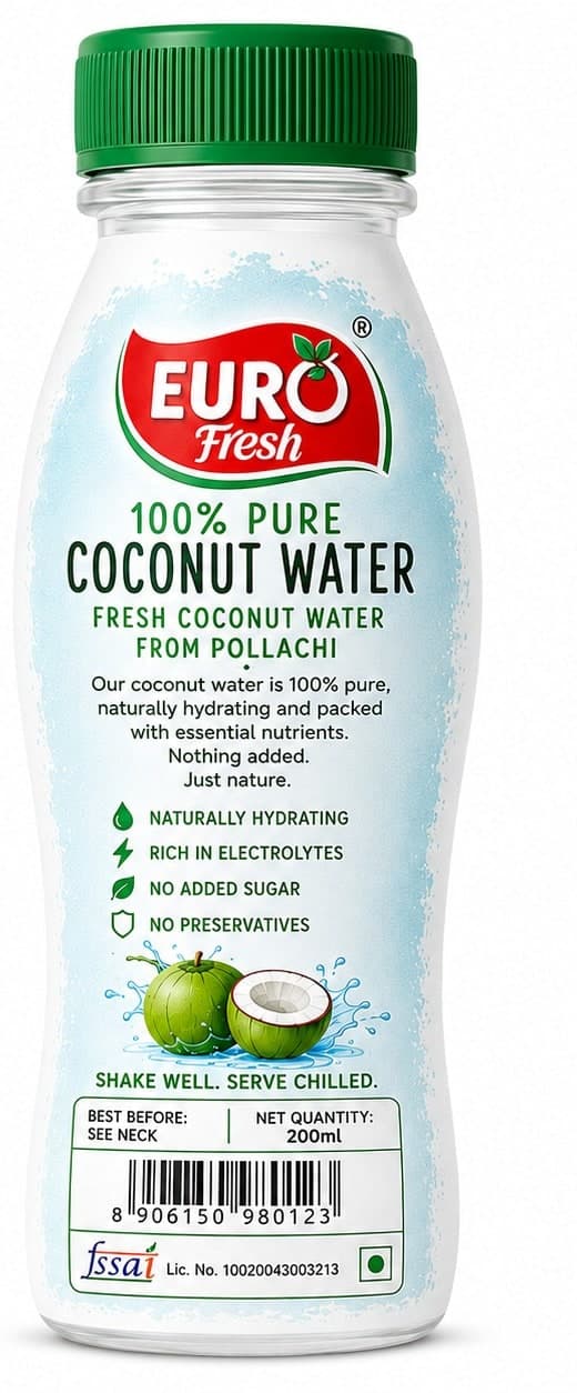 Euro Fresh coconut water back label: naturally hydrating, rich in electrolytes, no added sugar, no preservatives, FSSAI licensed