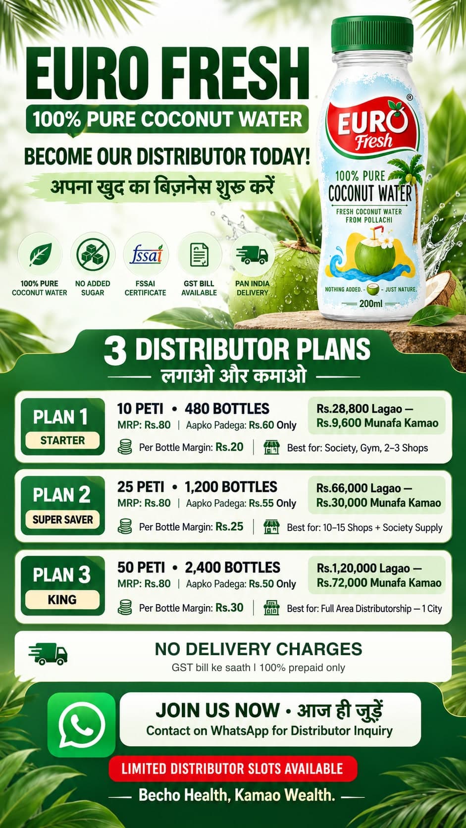 Euro Fresh coconut water distributor offer poster: 3 plans of 10, 25 and 50 peti with rate, margin and delivery details
